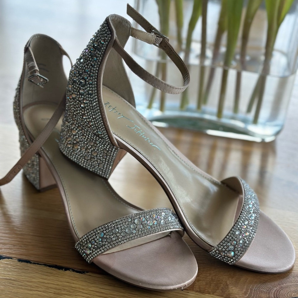 Betsey Johnson Hanna Cream Silver Heels with Glittering Straps